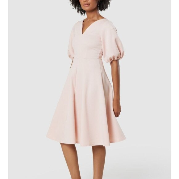 Blush Pink Puff Sleeve Fit & Flare Dress Size 10 Elegant Cocktail Evening Party - Picture 9 of 12